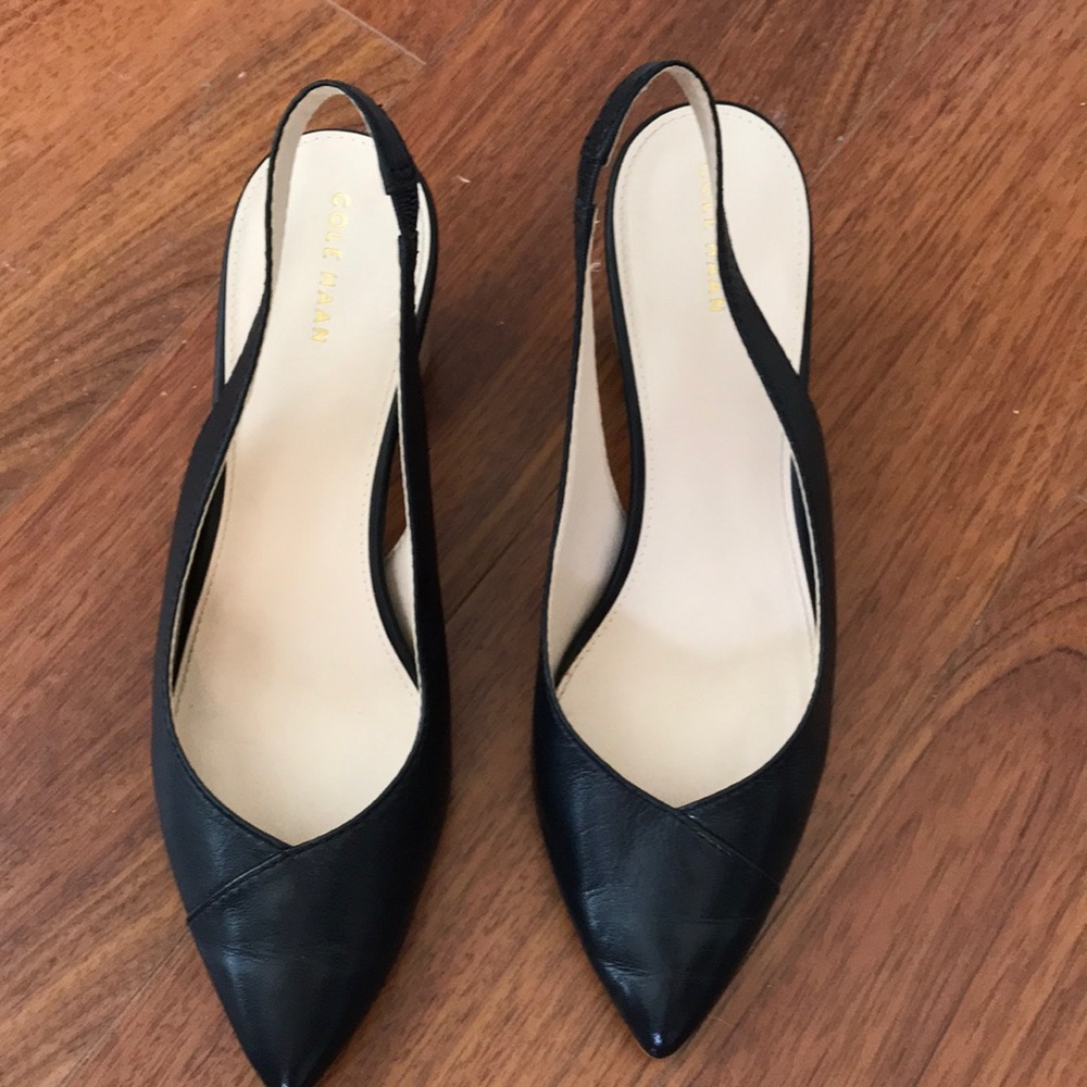 COLE HAAN black wooden heel close-toe black leather sling-backs